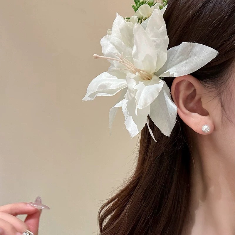 10#法式奶白百合花仿真花簇布艺侧边夹