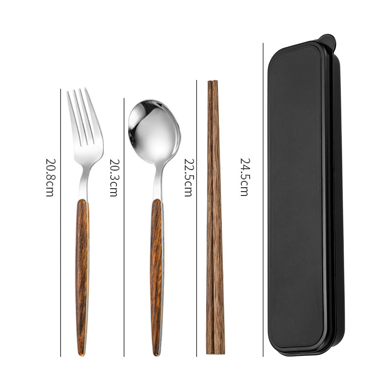 Chopsticks and spoon set, one-person convenient tableware, student storage box, fork, single wooden chopsticks, three-piece set