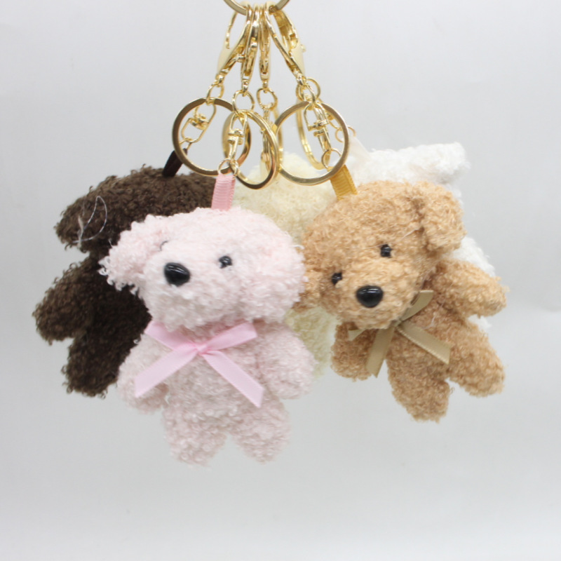 Cartoon Cute Curly Velvet Bow Tie Bear Plush Keychain Bag Charm Clothes Shoes Decoration Throw Doll
