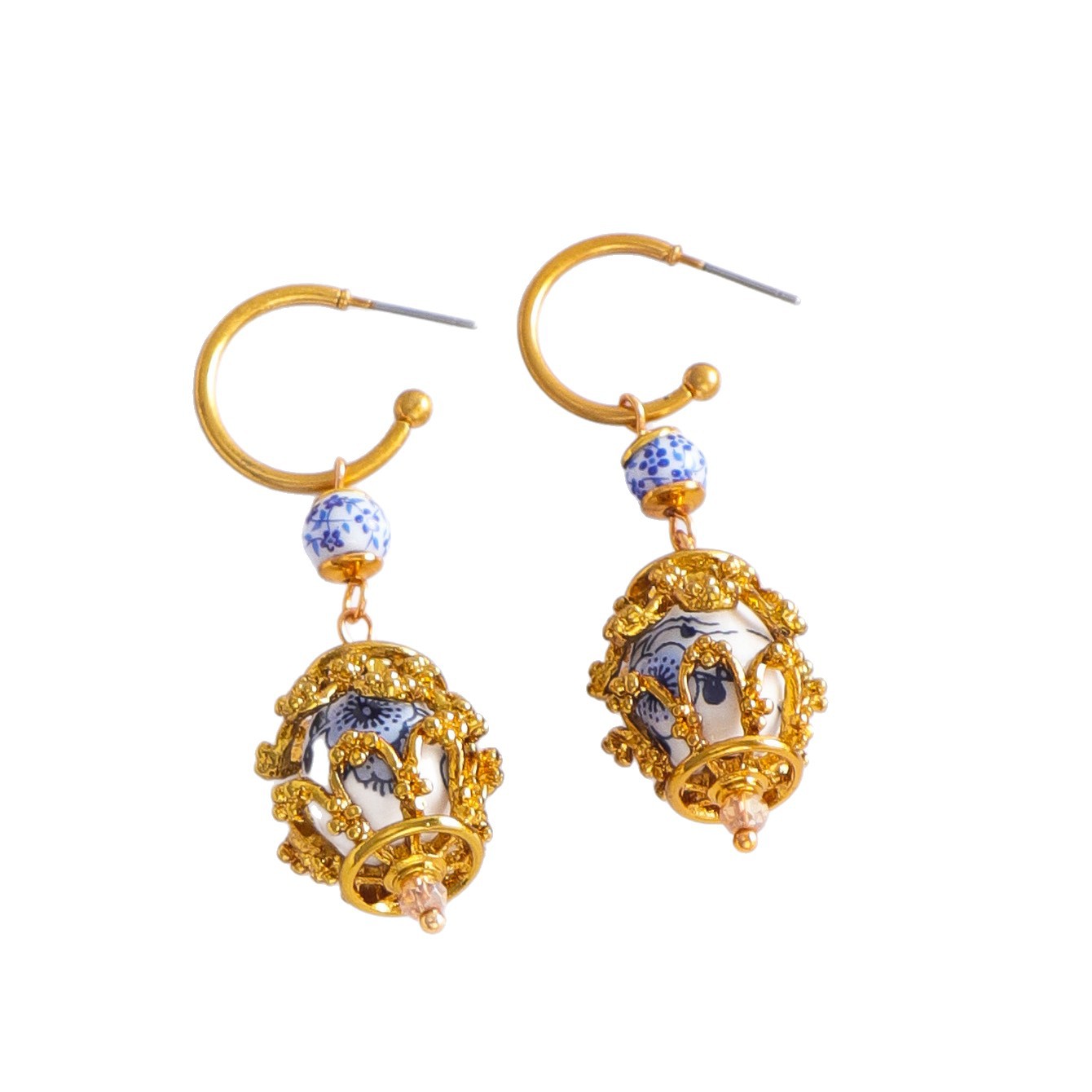 Original Design New Chinese Style Blue and White Porcelain Metal Earrings Women