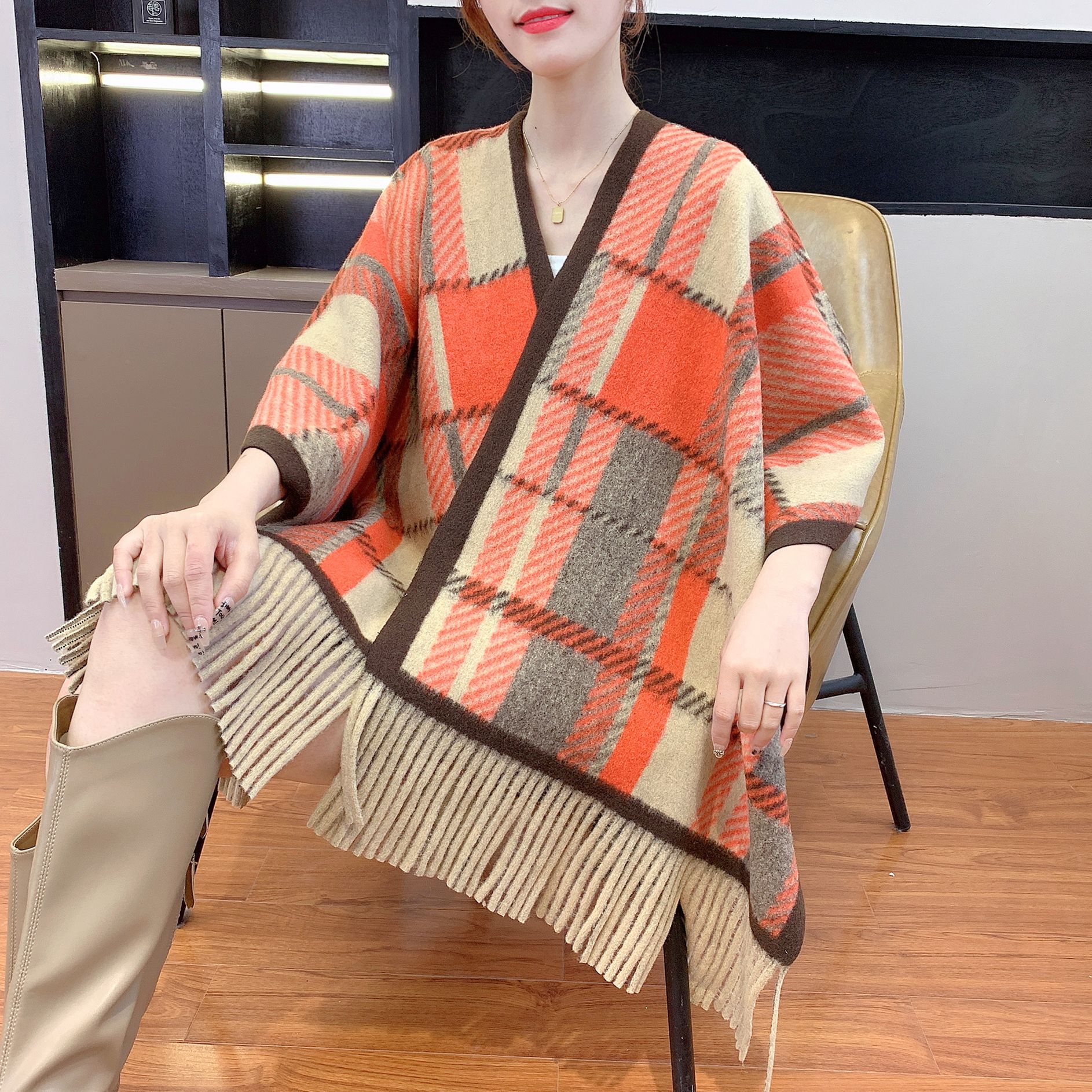 Imitation Cashmere Printed Shawl Outerwear Dress Cape Decorative New Plaid Warm Scarf