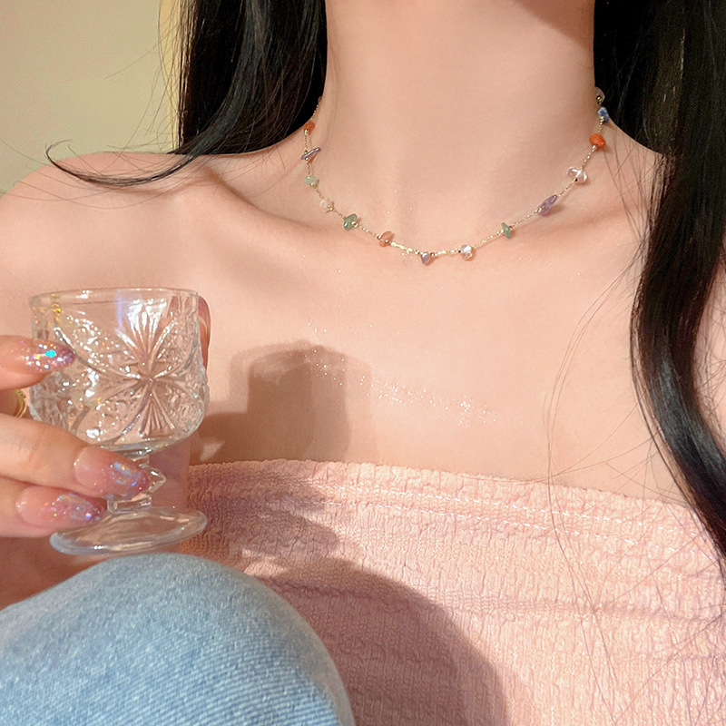 "Meet the Rainbow" Dopamine Colorful Cube Stone Necklace Sweet and Delicate Summer Layered Collarbone Chain