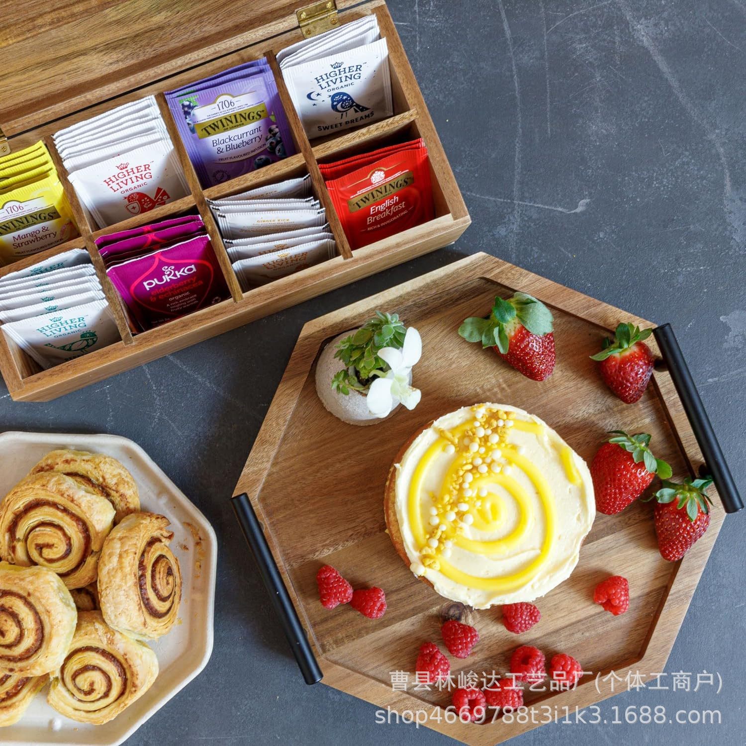 Wooden tea bag storage box, desktop flip-top compartment tea packaging gift box, acacia wood sugar packet storage box