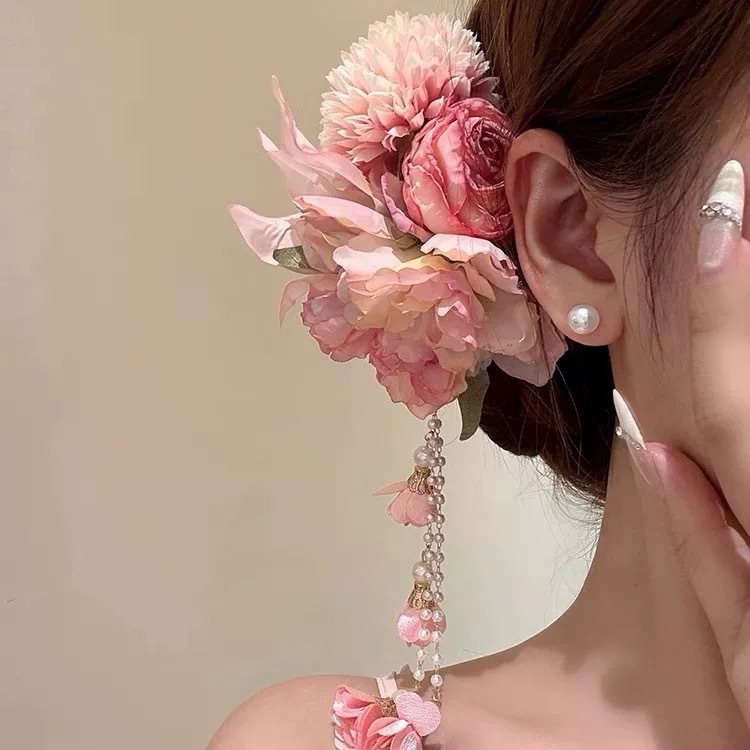 17#纯欲粉色流苏花朵发夹