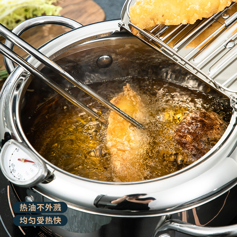 304 stainless steel frying pot with thermometer, temperature-controlled Japanese tempura pot, oil-saving pot for induction cooker and gas stove