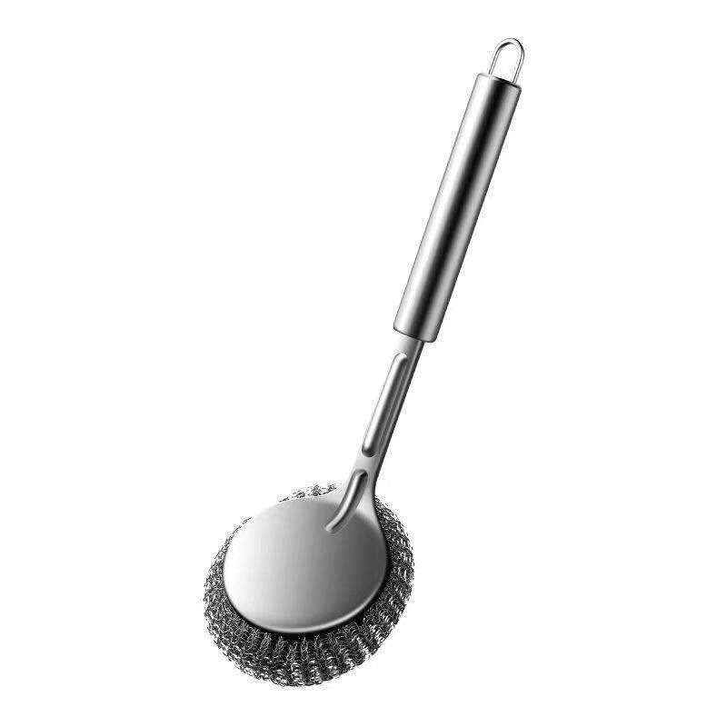 Stainless steel round head brush pot wash bowl kitchen dedicated household cleaning brush long handle universal steel wool brush