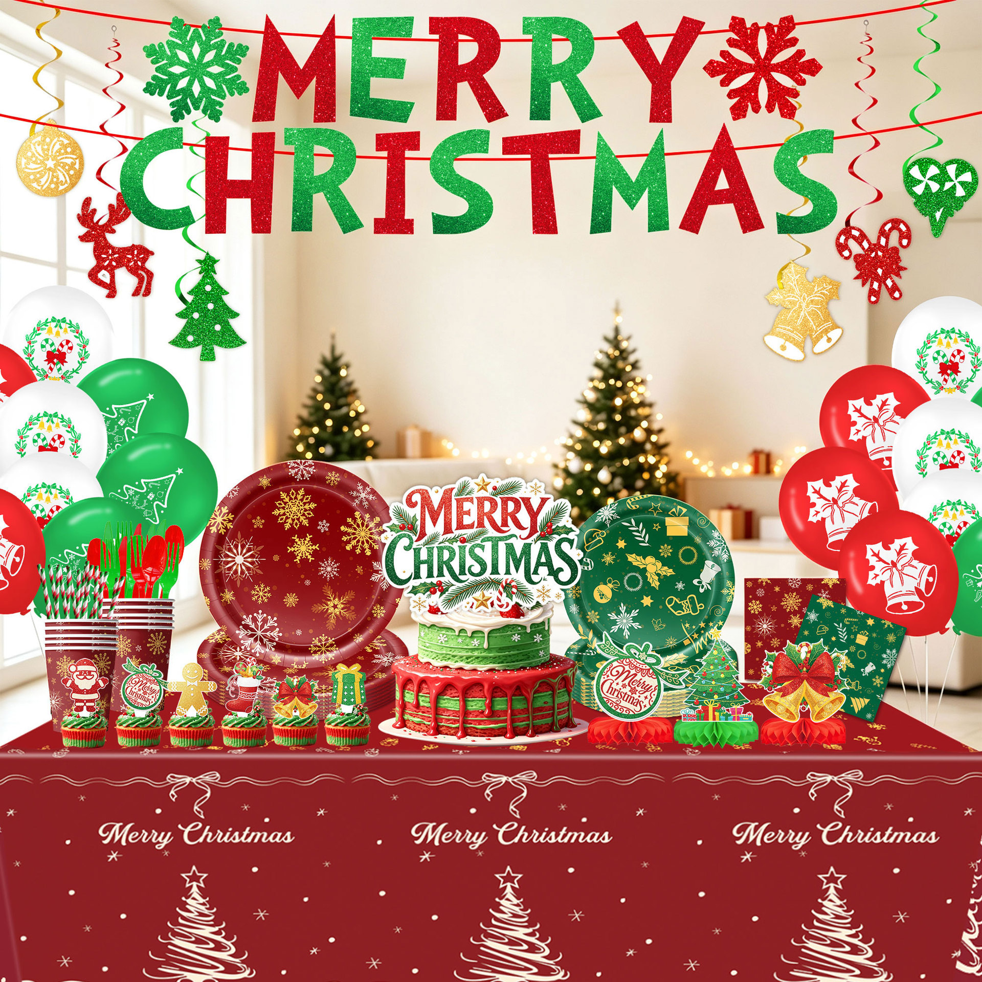 New Red Green Christmas Theme Holiday Party Tableware Paper Plate Napkin Tablecloth Bunting Flag Cake Decoration