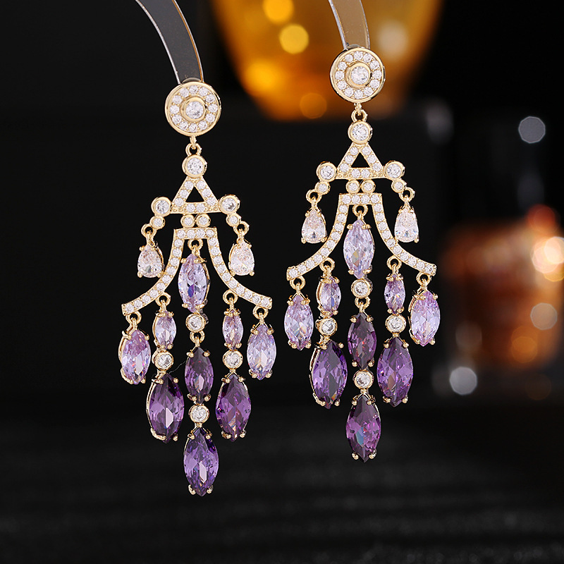 Heavy Craft Earrings Dress Matching Petal Long Elegant Flower Zircon Earrings