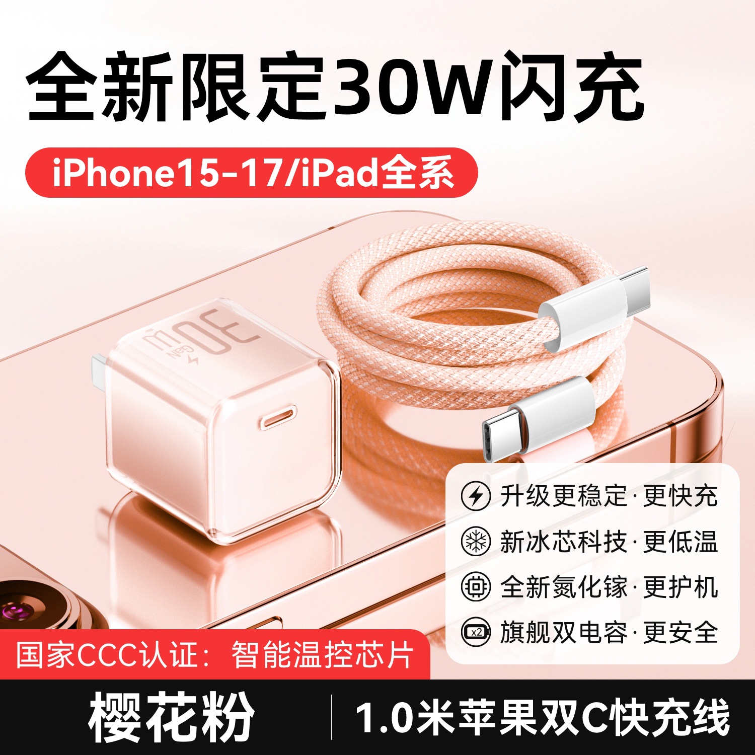 清新蓝/樱花粉/雪花白 · 樱花粉【15-17套装】30W快充头+1.0米双C编织快充线
