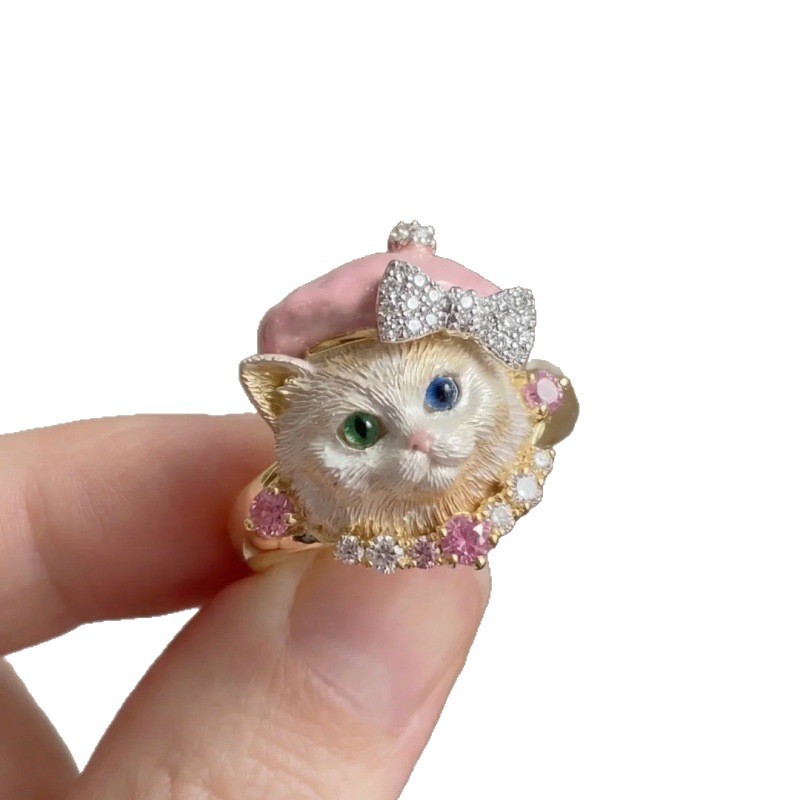 Cute Little Dog Cat Ring Cartoon Sweet Pet Ring Exquisite Sparkling Diamond Bow Index Finger Ring