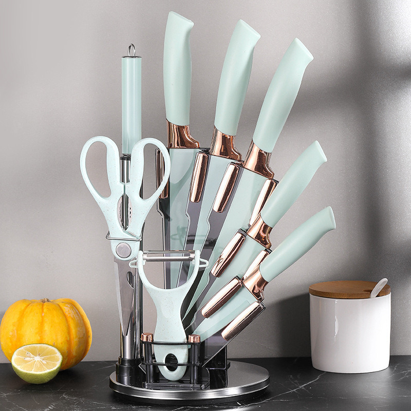 New kitchen knife set 9-piece stainless steel electroplated head with rotating acrylic knife holder ready