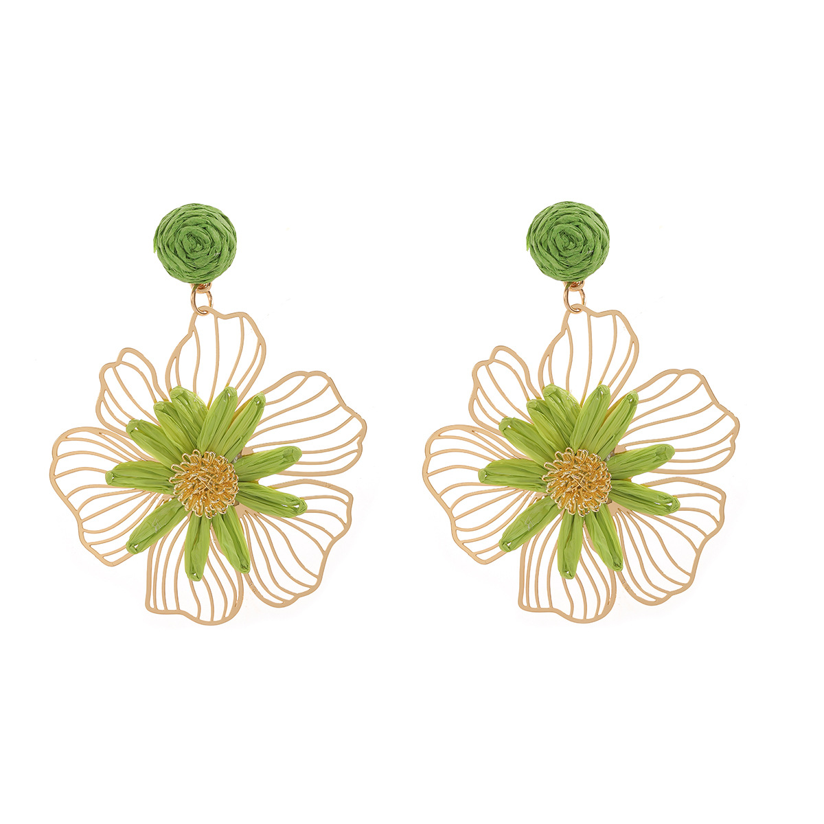 2026 spring summer raffia handmade woven hollow three-dimensional flower earrings for women beach vacation style