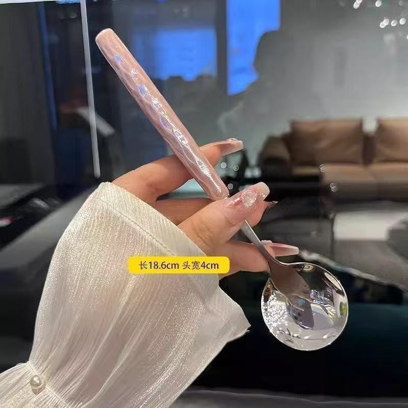 Stainless Steel Spoon Household Soup Spoon Girl Household Plastic Handle Round Spoon Fruit Yogurt Spoon
