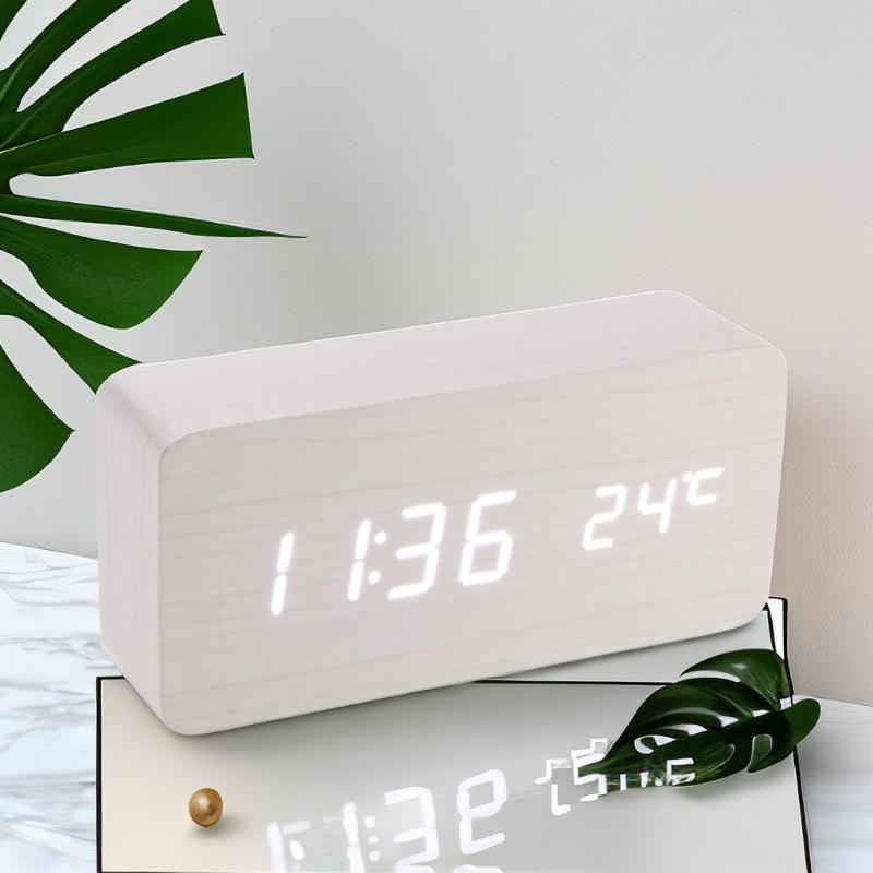 Digital LED wooden clock, temperature, calendar, quiet bedroom student alarm clock, triangular desk clock