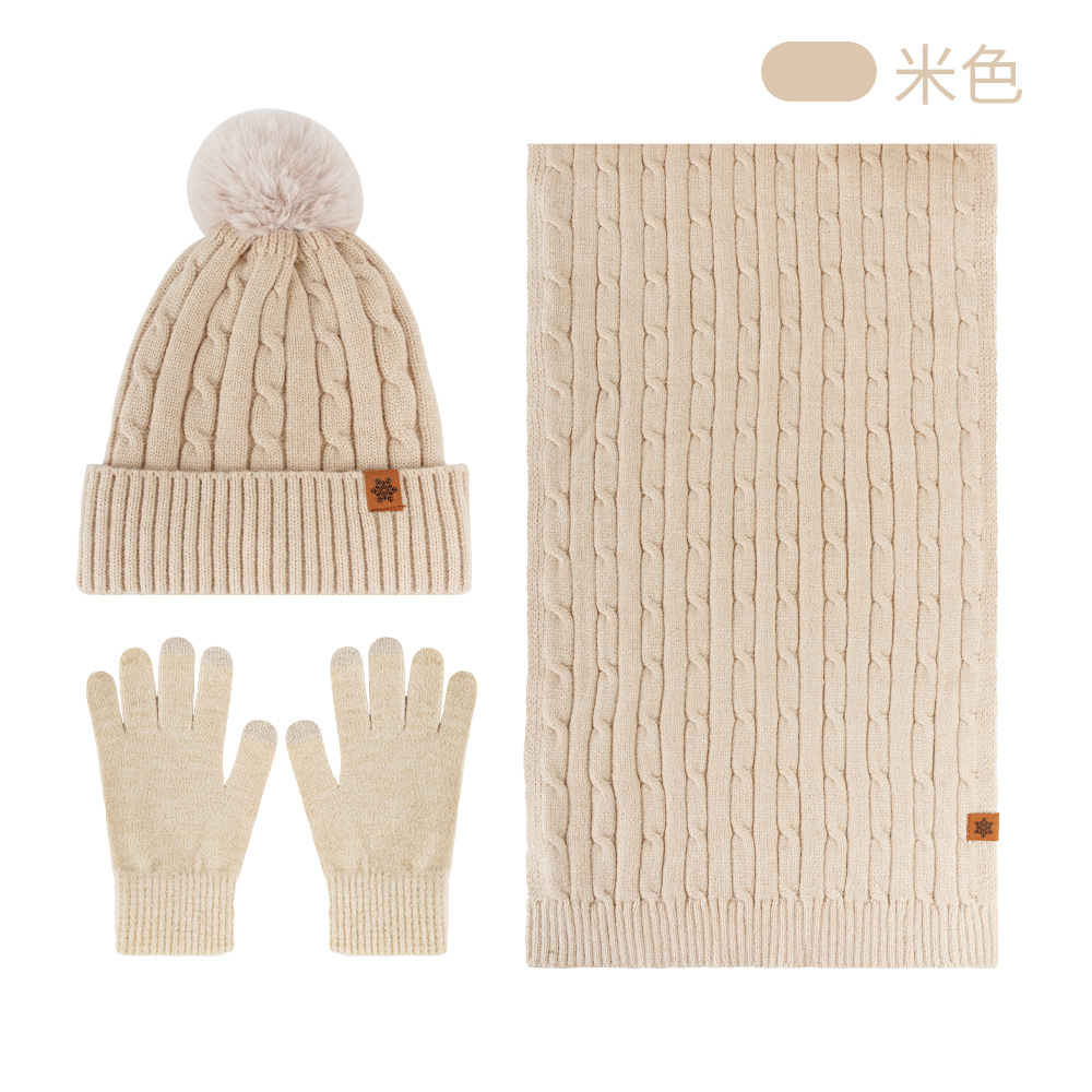 Knitted Hat Women Winter Double-Layer Fleece-Lined Thick Warm Wool Hat Scarf Gloves Three-Piece Set