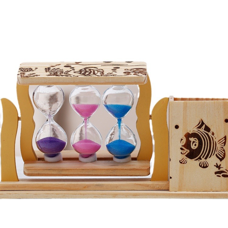 Three Flowing Sand Pen Holders Hourglass Wooden Pen Holder Combination Ornament Student Stationery Gift Stationery Store