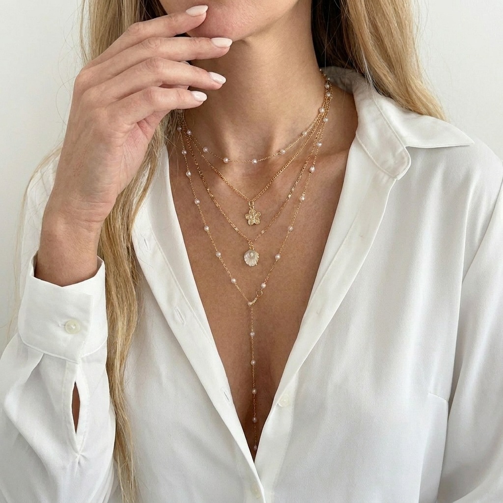Summer Ocean Vacation Starfish Shell Conch Pearl Multi-layer Necklace Exaggerated Multi-layer Layered Necklace