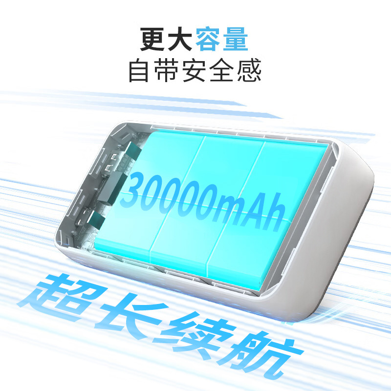 30000mAh power bank with 3C certification, dual cable support fast charging outdoor mobile power supply