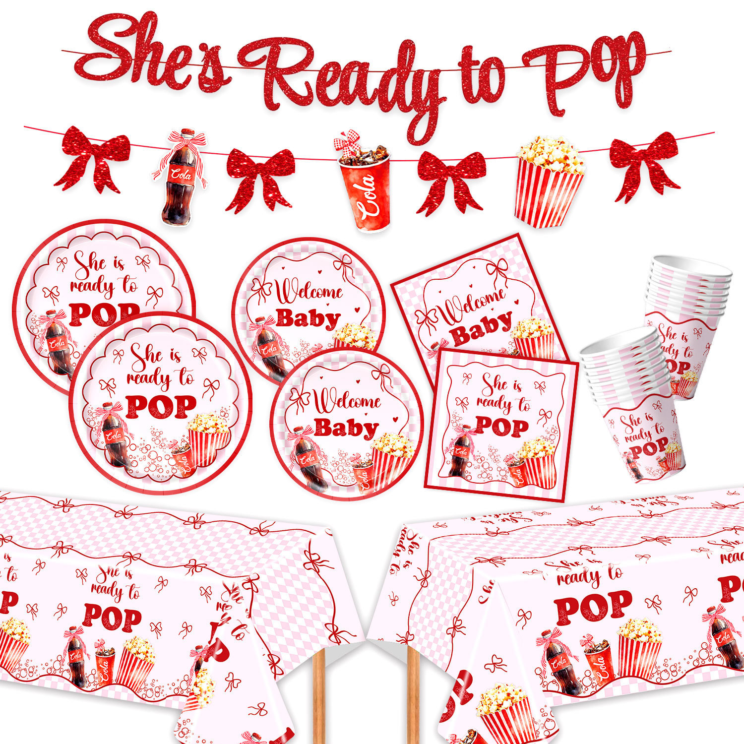 New Baby Shower Cola Popcorn Christening Theme Party Tableware Paper Plate Bunting Flag Tablecloth Decoration