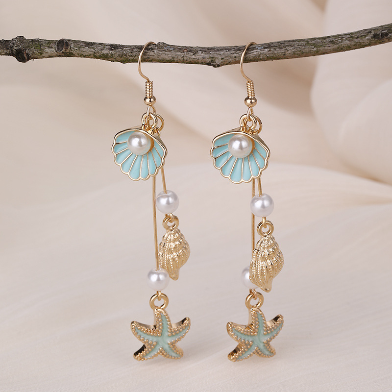 EZ5644 Summer Fresh Conch Shell Starfish Long Pearl Tassel Earrings Women's Accessories