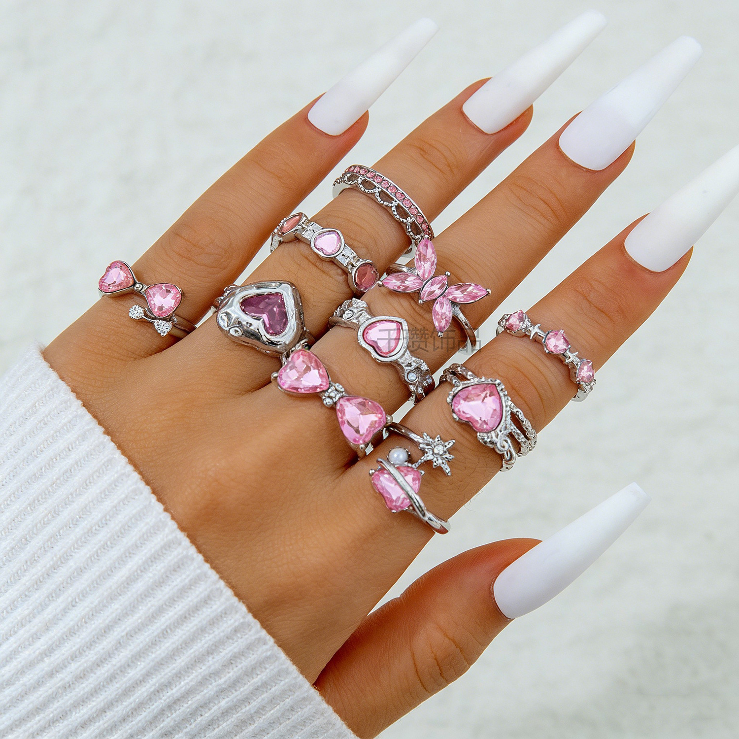 Pink Heart Layered Ring Set Sweet Girl Style Rhinestone Butterfly Finger Ring Accessories