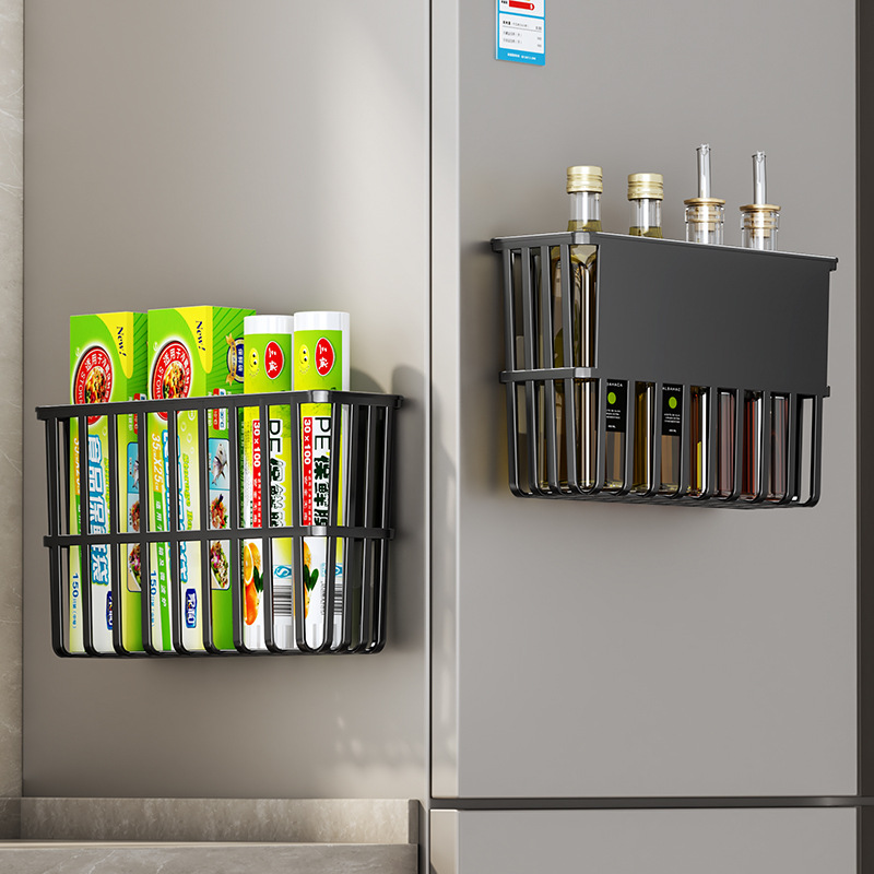 kitchen refrigerator magnetic storage rack fresh-keeping bag paper towel no-drill outer side seasoning plastic wrap storage rack