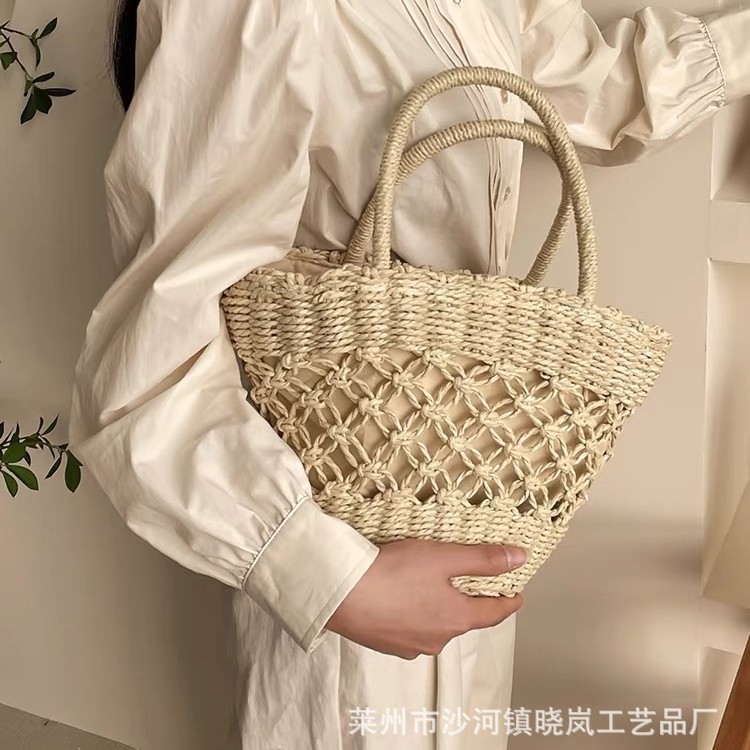 New solid color hollow handbag straw bag women's bag large capacity bohemian oval woven crossbody bag