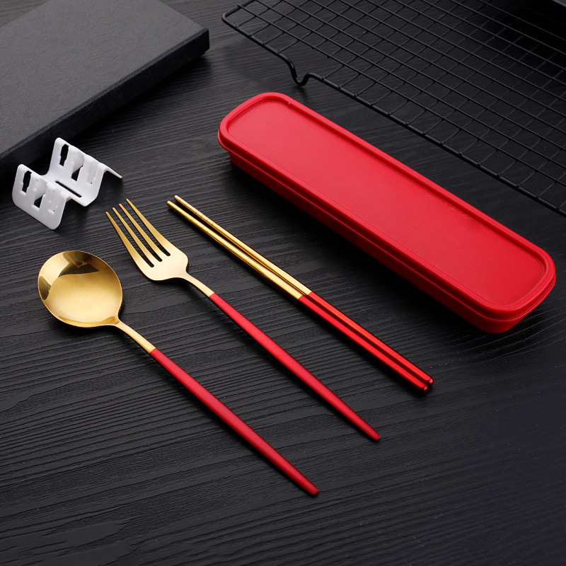 红金3件套{勺+叉+筷+盒}