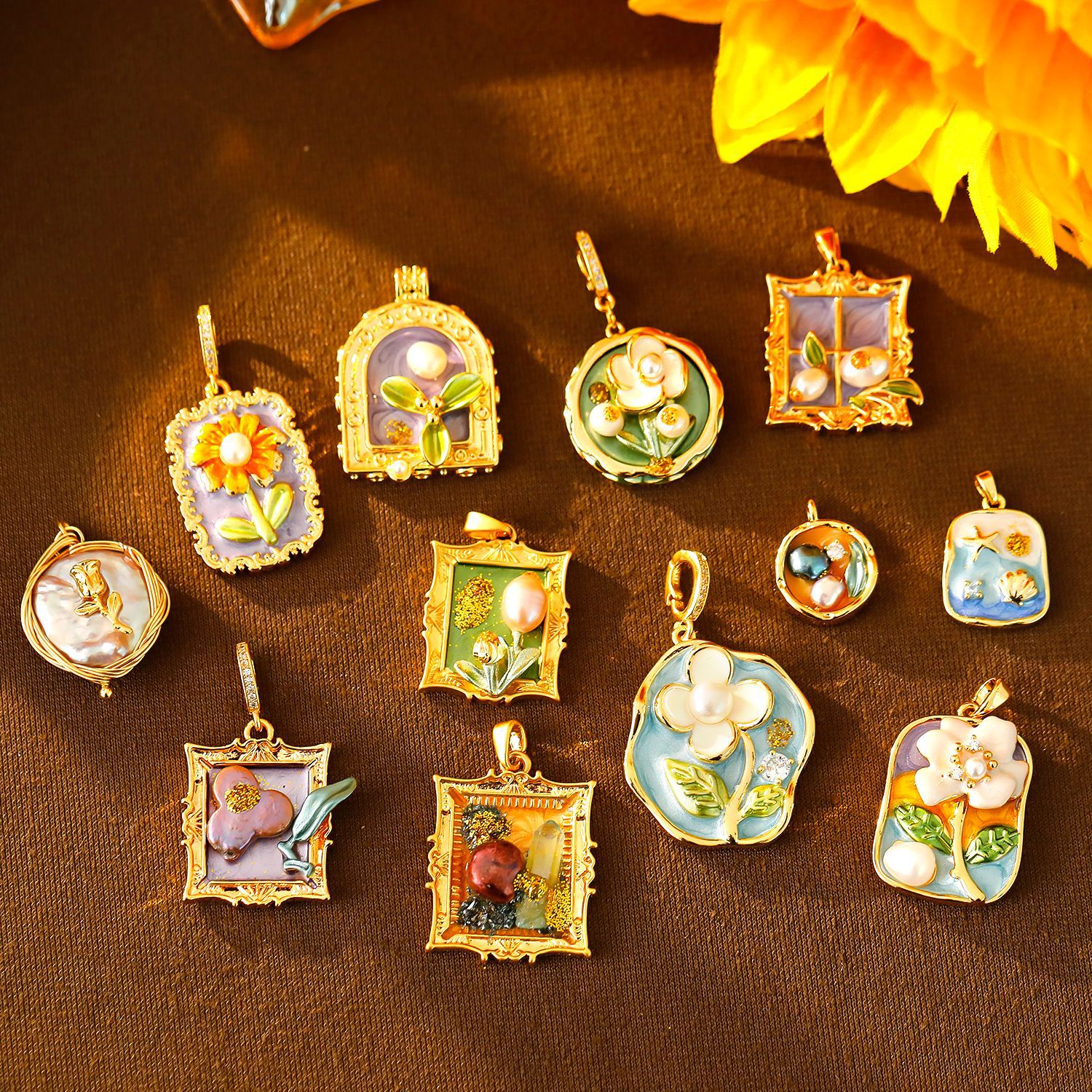 Vintage Oil Painting Style Necklace Pendant DIY Handmade Necklace Pendant Baroque Pearl Petal Sweater Chain
