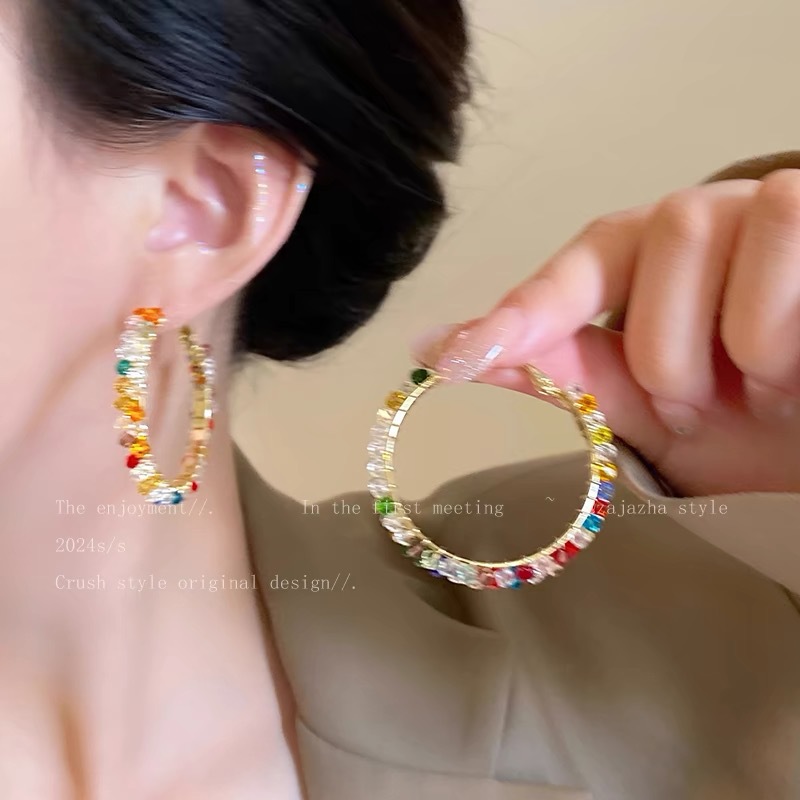 60#彩色双排水晶钻大圆圈金色耳扣