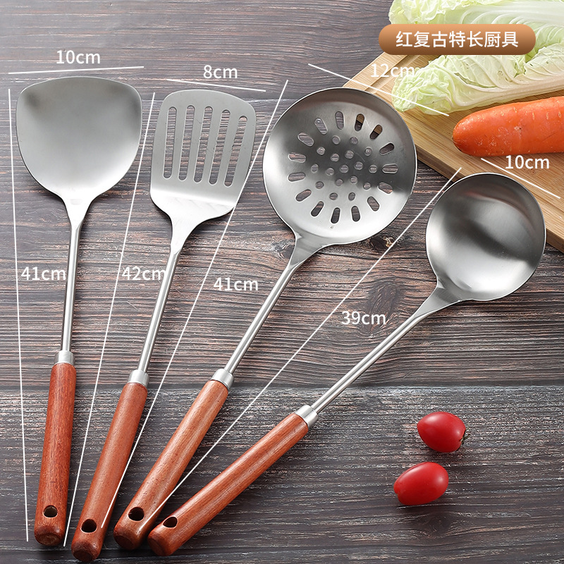 Thickened non-magnetic stainless steel pot shovel, kitchen wooden handle spatula, cooking spoon, 9.9 yuan store display