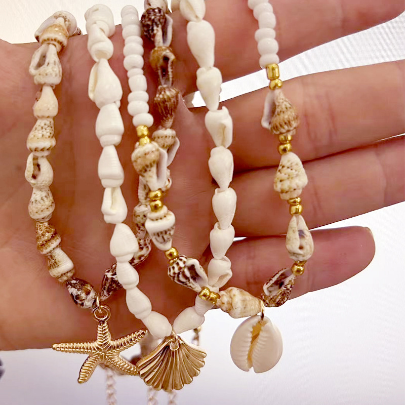 Rongshang Natural Shell Small Conch Necklace Ocean Star Pendant Woven Necklace Accessory
