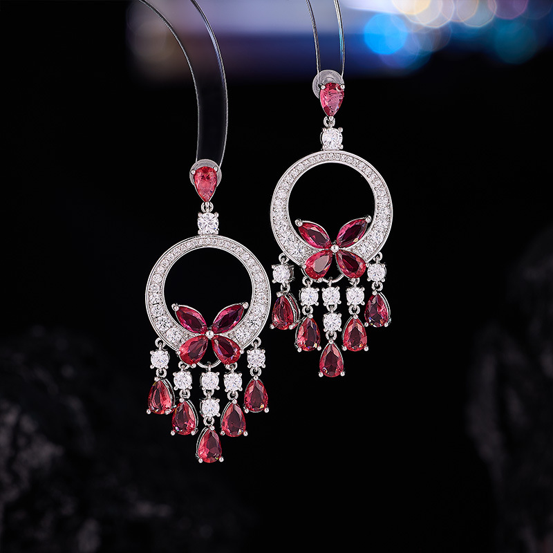 Micro-Inlaid Zircon Green Butterfly Tassel Heavy Craft Earrings s925 Silver Needle Dress Accessories