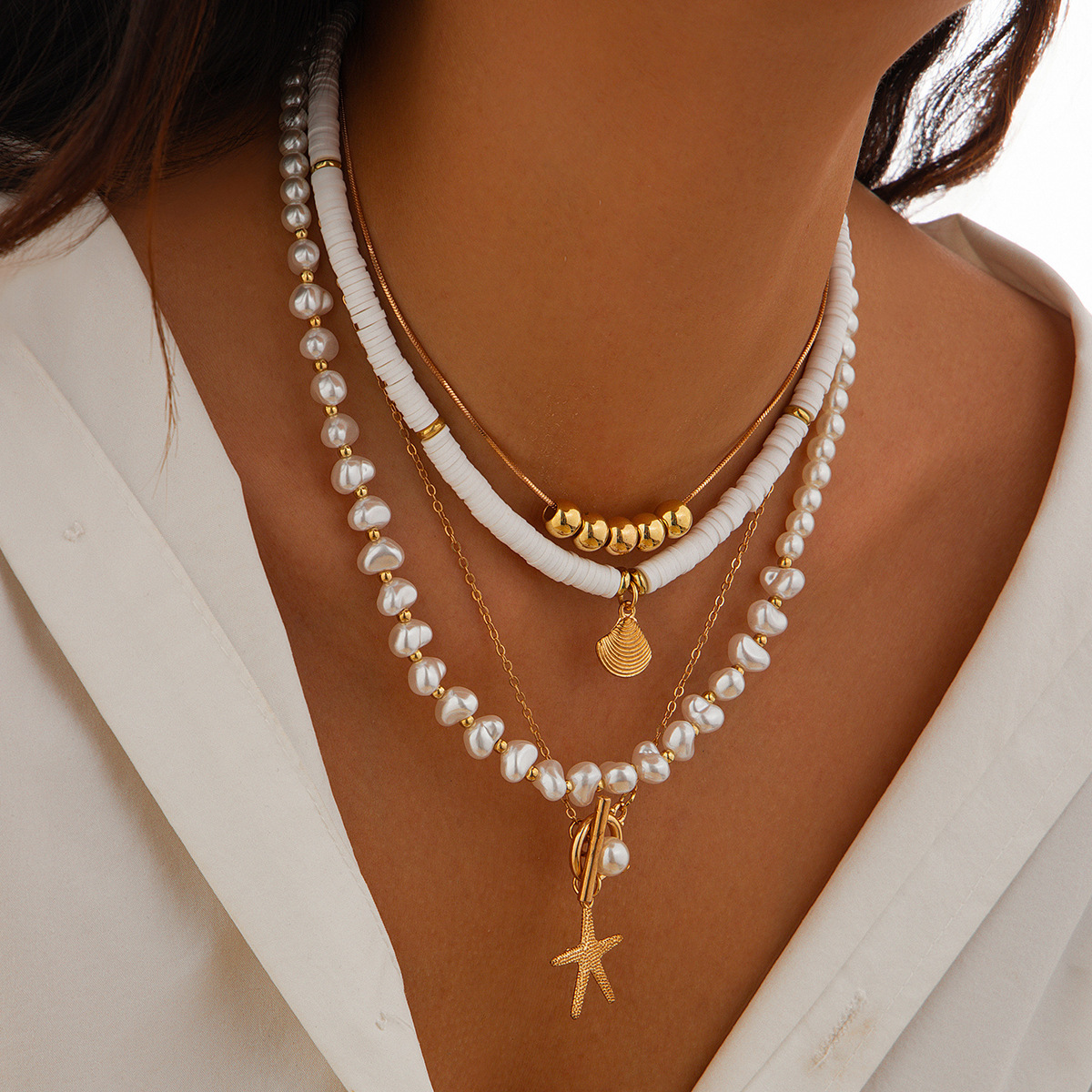Cross Multi-Layer Pearl Necklace Shell Starfish Pendant Choker Layered Neck Chain Chain