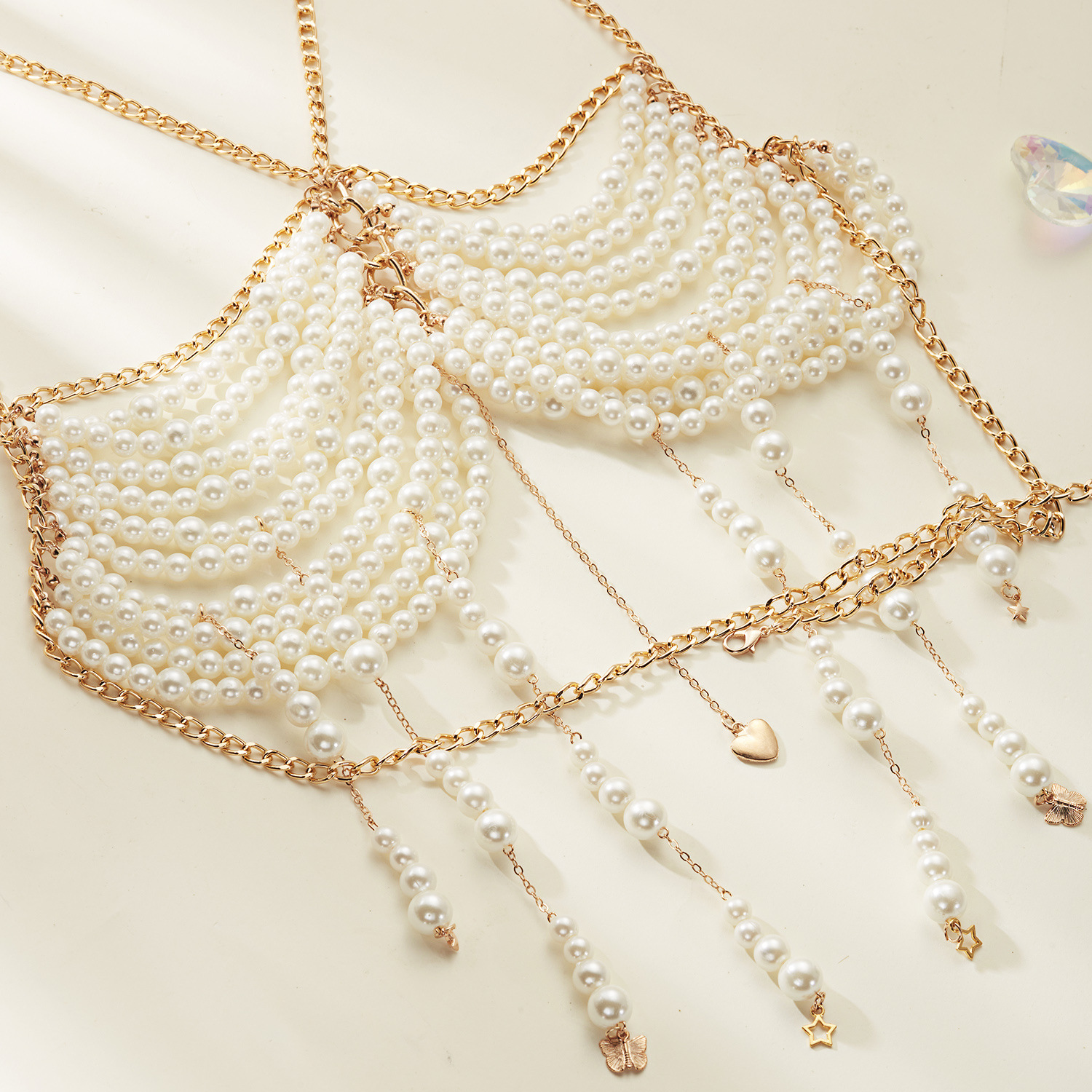 Pearl Beaded Chest Chain Tassel Halter Top Body Chain Bikini Beach Accessories
