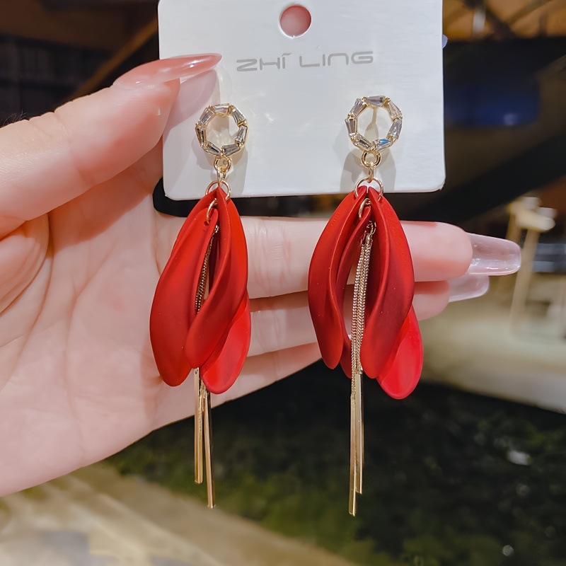 New niche red resin petal earrings women long tassel ear drop new ear accessories