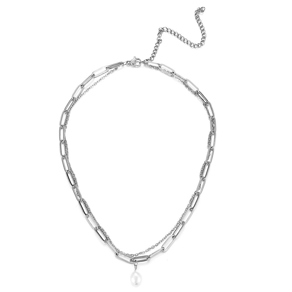 Baroque freshwater pearl neck chain necklace, women's minimalist stainless steel double-layer chain short necklace collarbone chain