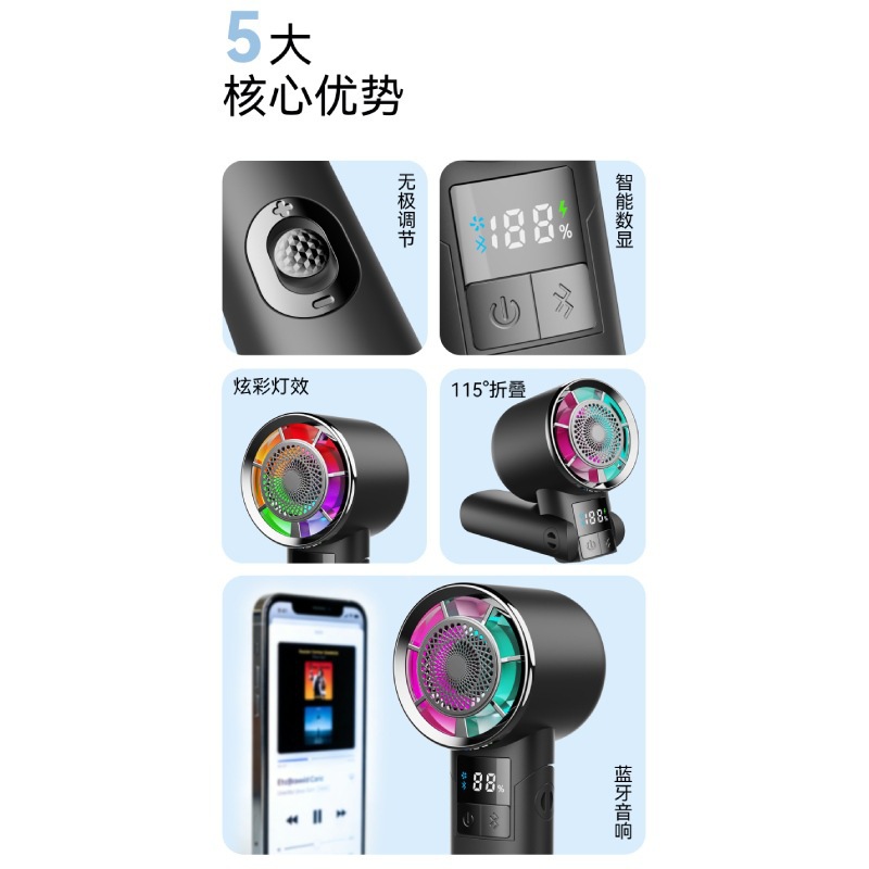 Handheld Fan AI Digital Display Stepless Wind Adjustment Cool Light Effect 100-Level Wind 115° Foldable Speaker F7