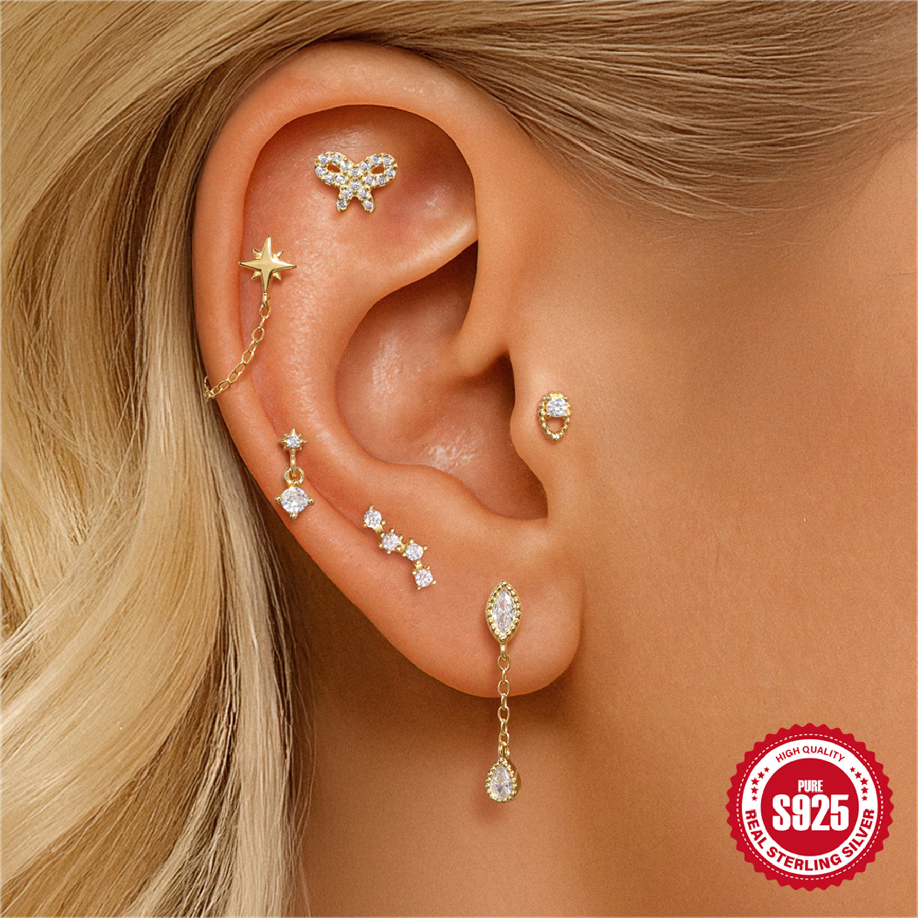 S925 sterling silver geometric diamond-set bow flat head threaded ear bone studs opal earrings ear studs