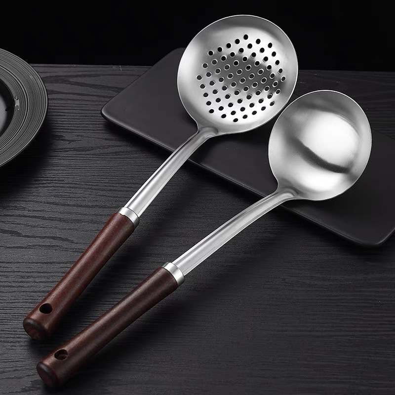 304 spatula set stainless steel solid wood wok spatula thickened anti-scald spatula soup spoon kitchen home wok spatula soup spoon