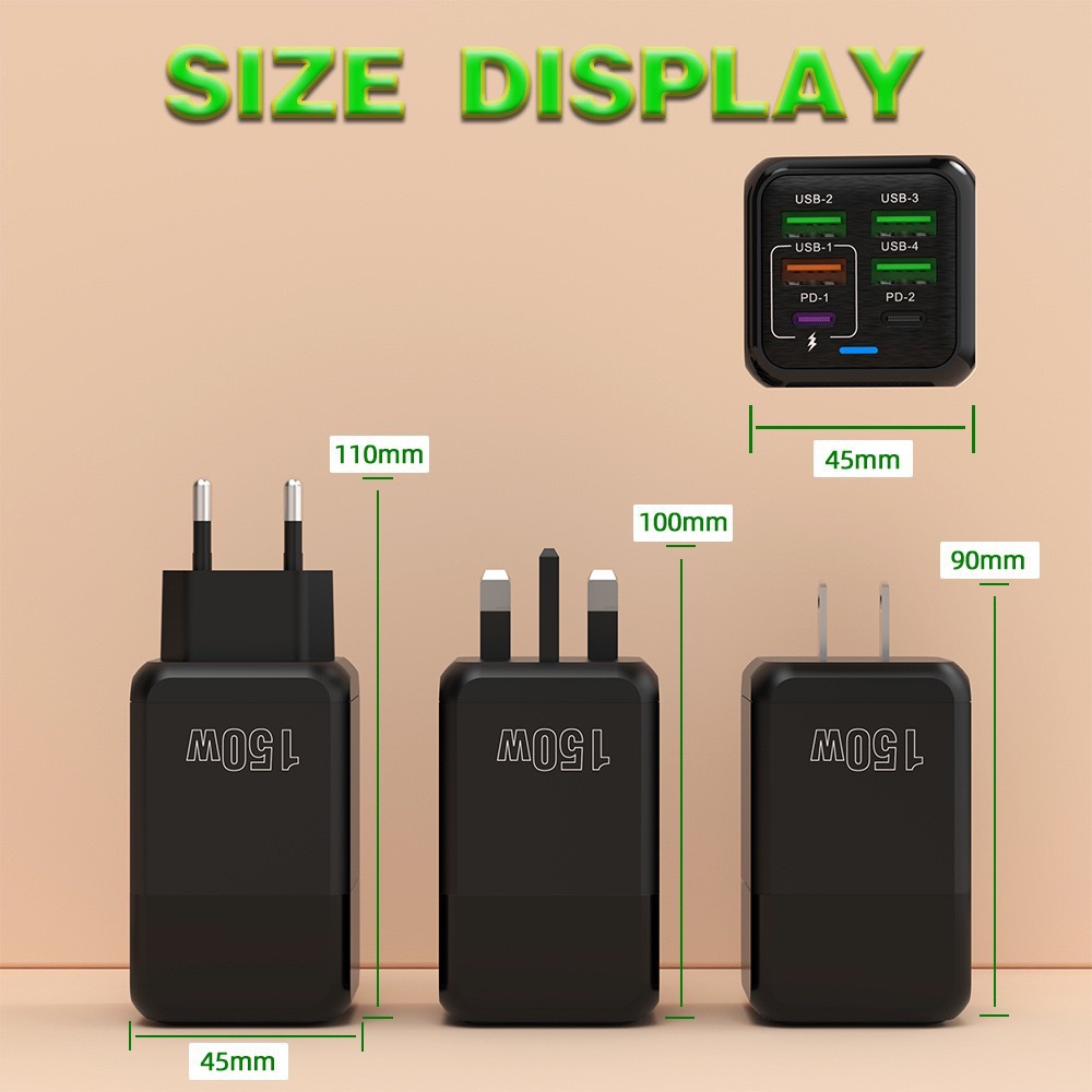 New 150W Charging Head 4USB+2PD Multi-Port Fast Charger for Phones 5V2.4A UK Plug