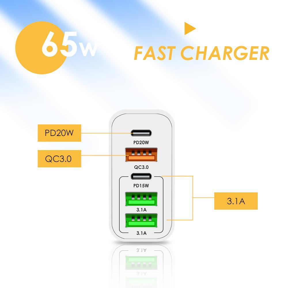 New PD65W Fast Charging Phone Charger 5V3.1A UK Plug PD+3USB Multi-Port Adapter Charging