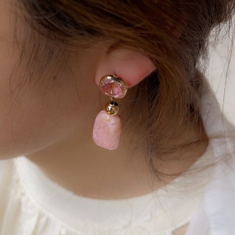 New 18K Metal Style Pink Jade Earrings 925 Silver Needle Sweet Simple Summer Ear Accessories