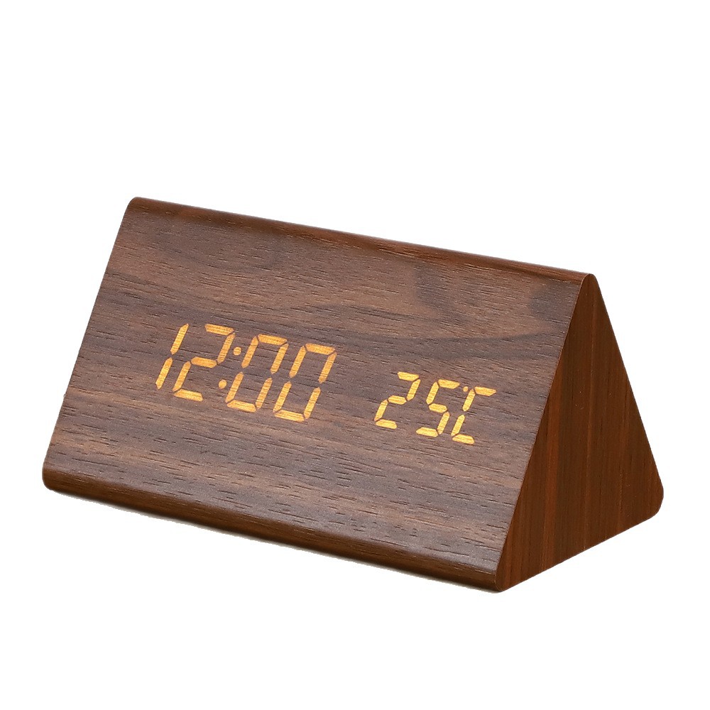 Digital LED wooden clock, temperature, calendar, quiet bedroom student alarm clock, triangular desk clock