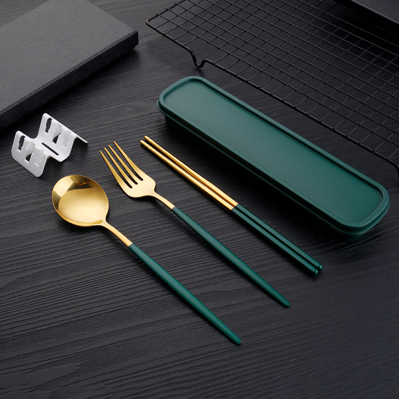 绿金3件套{勺+叉+筷+盒}