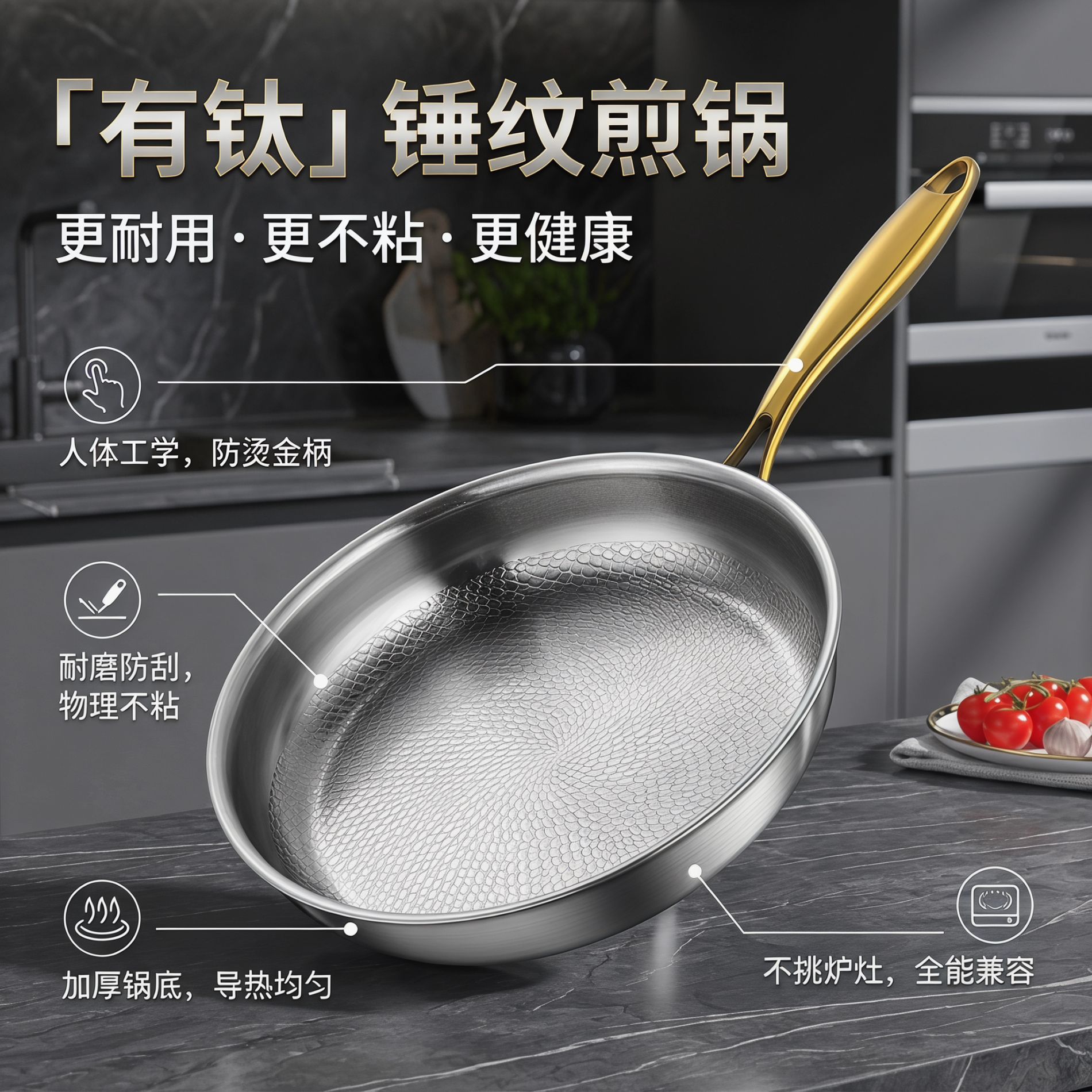 German titanium thickened steak flat bottom frying pan hammer pattern titanium-containing non-stick pan uncoated non-stick pan household