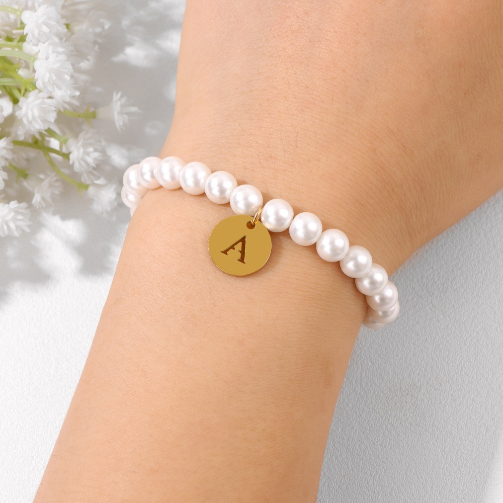 Stainless steel letter pendant bracelet imitation pearl 6mm beads bridesmaid gift best friend friendship bracelet