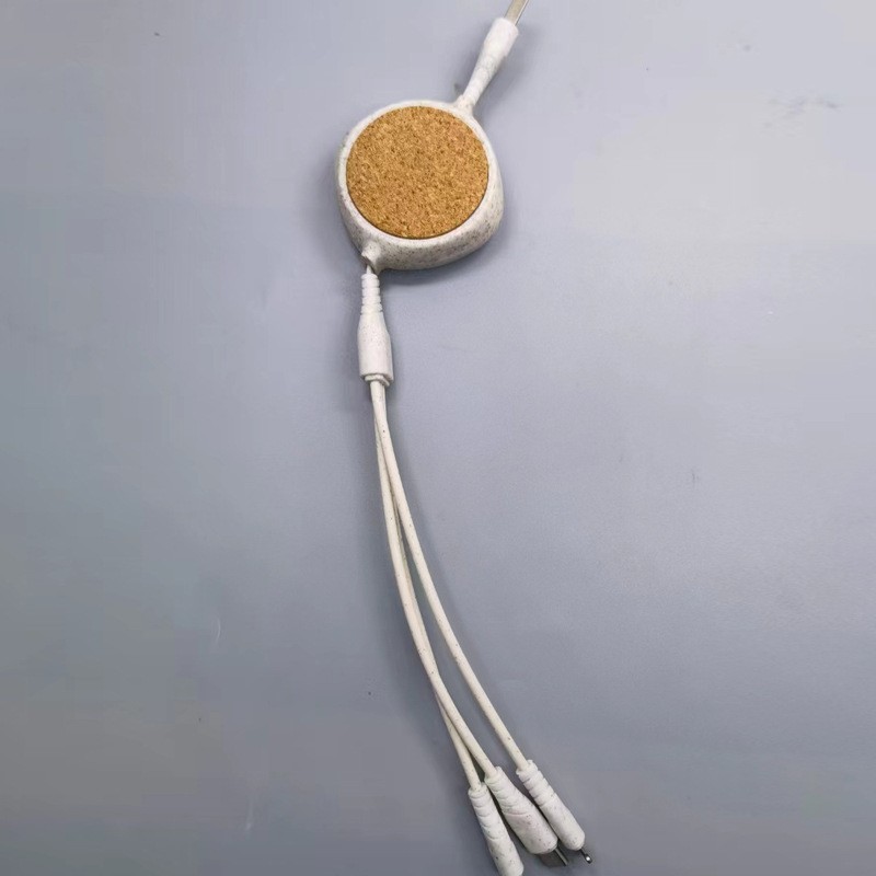 Custom logo wheat straw biodegradable retractable data cable for Apple Android 3-in-1 wheat straw ECO
