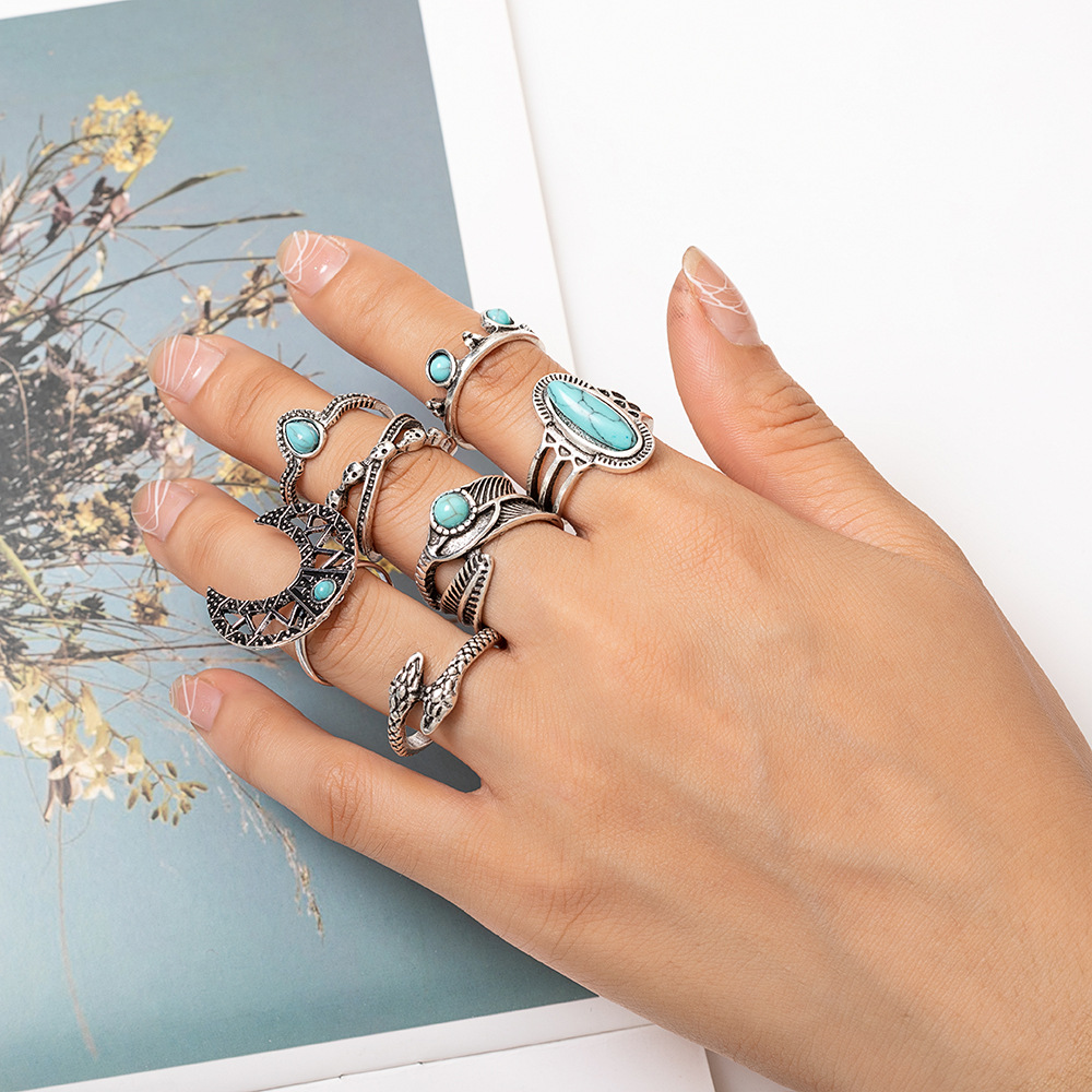 Ethnic Style Turquoise Carved Feather Ring 8-Piece Combination Ring Set