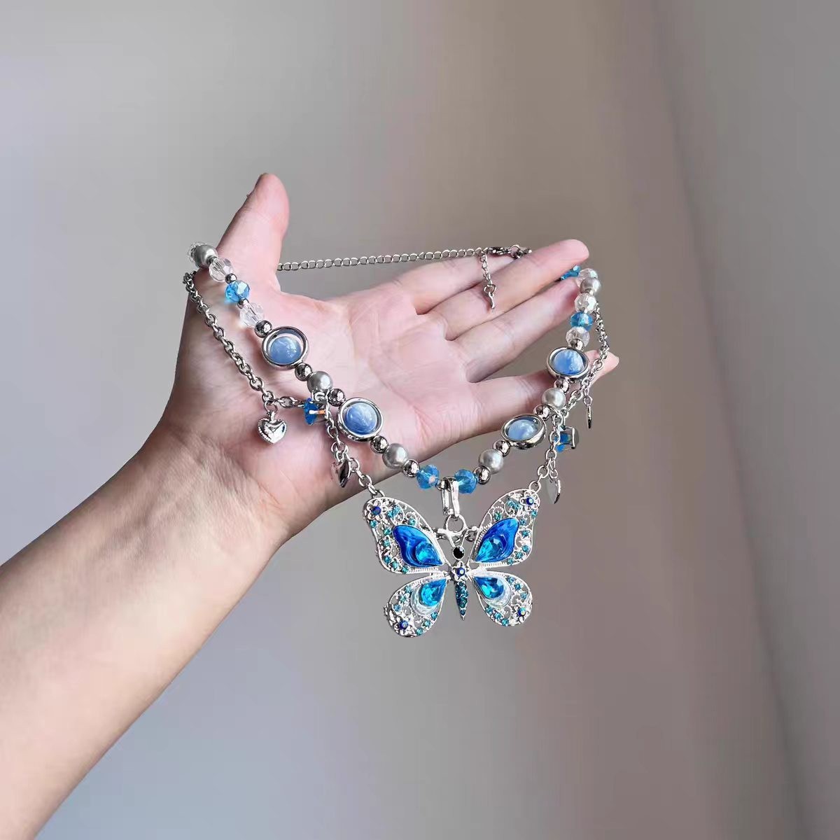 Summer New Butterfly Tassel Beaded Necklace for Women Niche Heavy Craft Sweet Cool Collarbone Chain
